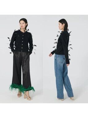 NEW Lingua Franca Button Front Elton Feather Cardigan Sweater Black Size: Medium